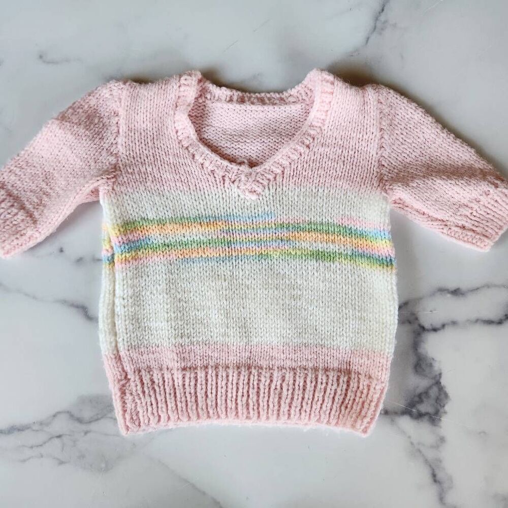 Vintage 70s pastel v-neck sweater 3/4 sleeve pink cream striped toddler 3-4 year